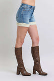 Judy Blue Full Size Hw Tummy Control Shearling Cuff Denim Shorts Plus Size - Trendsi - Flyclothing LLC