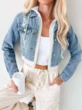 Distressed Zip Up Cropped Hooded Denim Jacket - Trendsi - Flyclothing LLC