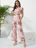 Printed Surplice Cap Sleeve Top and Pants Set - Trendsi - Flyclothing LLC