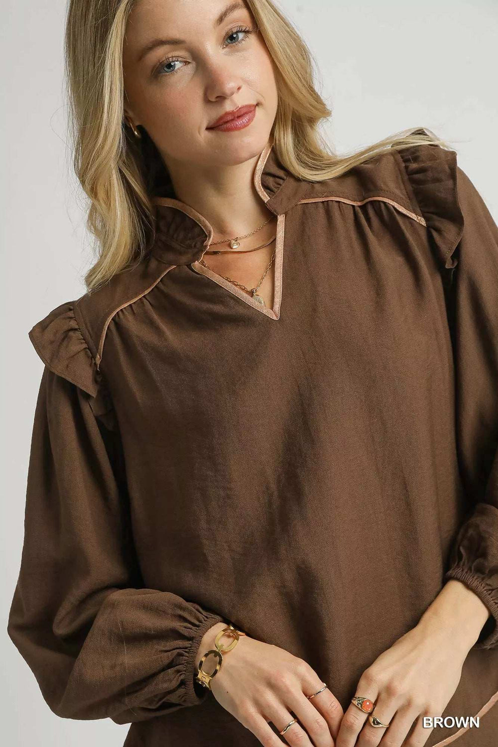 Umgee Ruffle Shoulder Long Sleeve Blouse - Trendsi - Flyclothing LLC