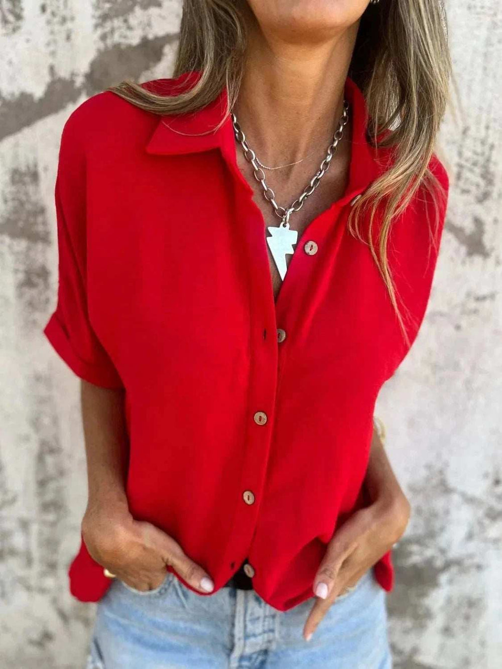 Full Size Collared Neck Half Sleeve Shirt Plus Size - Trendsi - Flyclothing LLC