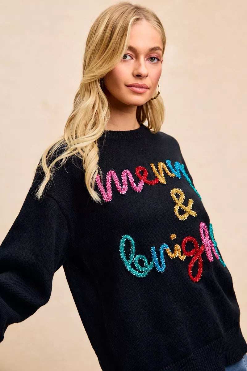 BiBi Tinsel Lettering Christmas Sweater - Trendsi - Flyclothing LLC