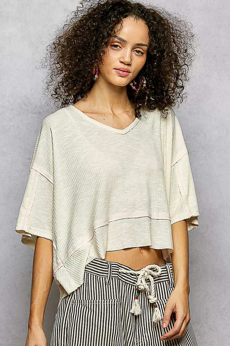 POL Short Sleeve Ccopped Rib T-Shirt with Contrast Stitch Detail - Trendsi - Flyclothing LLC
