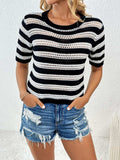 Openwork Striped Round Neck Short Sleeve Knit Top - Trendsi - Flyclothing LLC