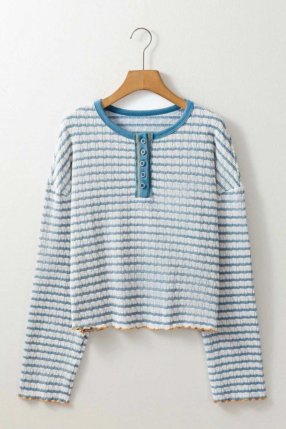 Striped Round Neck Dropped Shoulder Long Sleeve Top - Trendsi - Flyclothing LLC