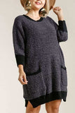 Umgee Full Size Ribbed Hem Round Neck 3/4 Sleeve Sweater Dress with Pockets Plus Size - Trendsi - Flyclothing LLC