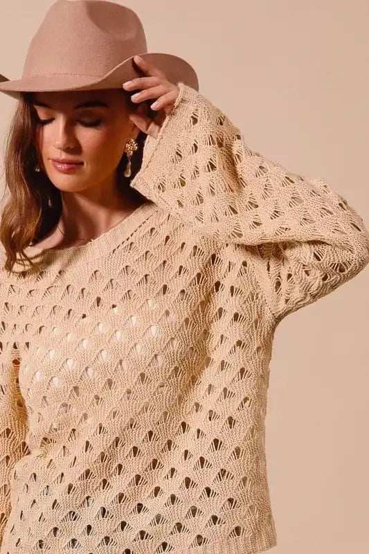 SO ME Geometric Pattern Open Knit Lightweight Sweater - Trendsi - Flyclothing LLC