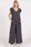 Mittoshop V-Neck Ruffled Cap Sleeve Wide Leg Jumpsuit - Trendsi - Flyclothing LLC