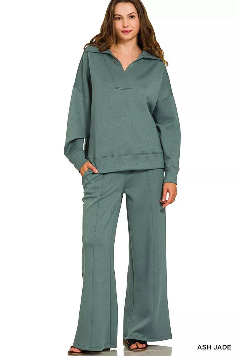 Zenana Scuba Collared Pullover and Pants Set - Trendsi - Flyclothing LLC