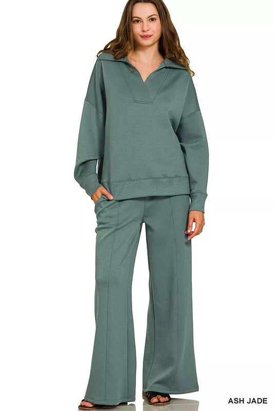 Zenana Scuba Collared Pullover and Pants Set - Trendsi - Flyclothing LLC