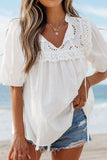Lace Patchwork Tie Neck Short Sleeve Blouse - Trendsi - Flyclothing LLC