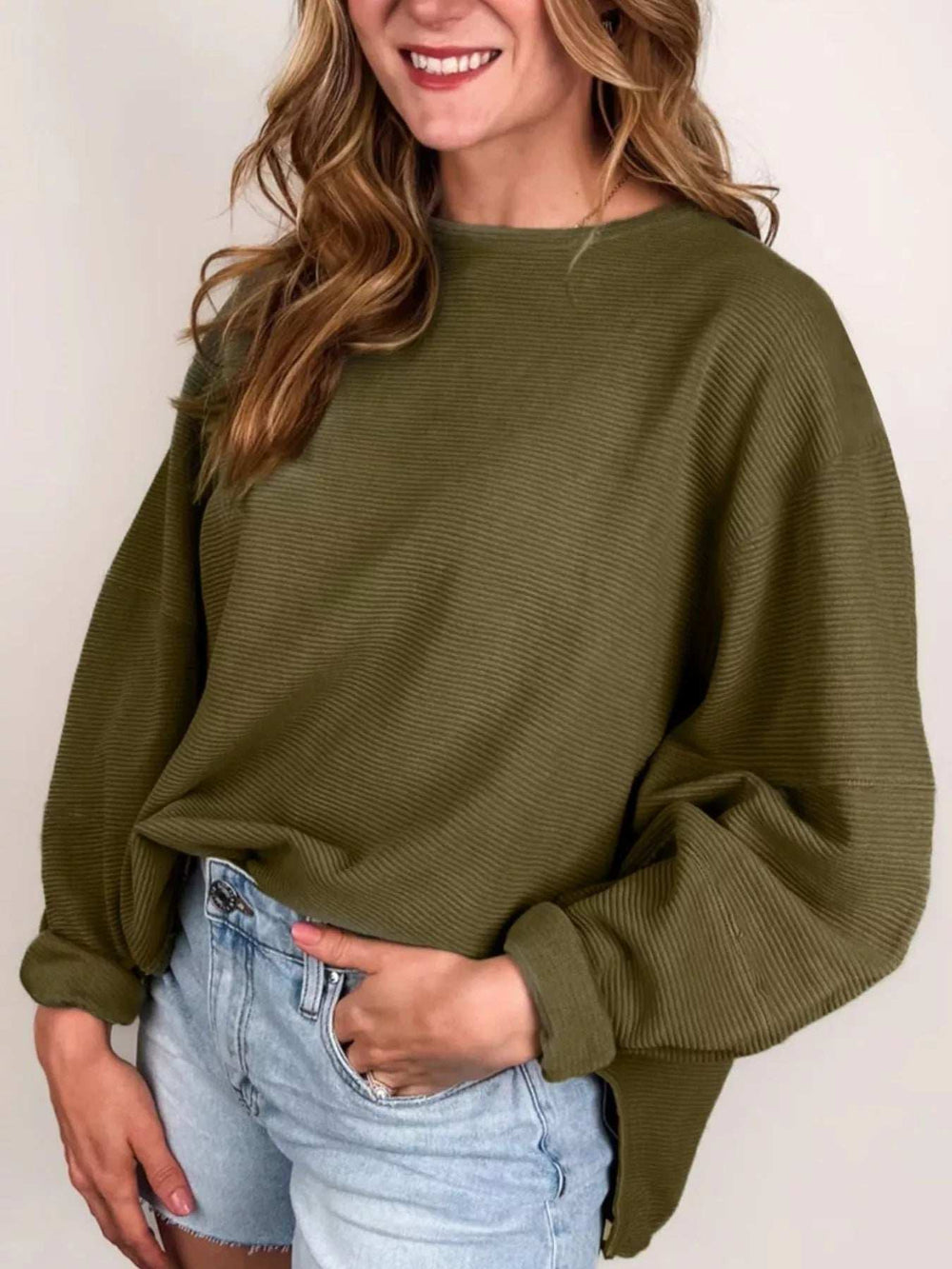 Ribbed Knit Oversized Sweatshirt - Trendsi - Flyclothing LLC