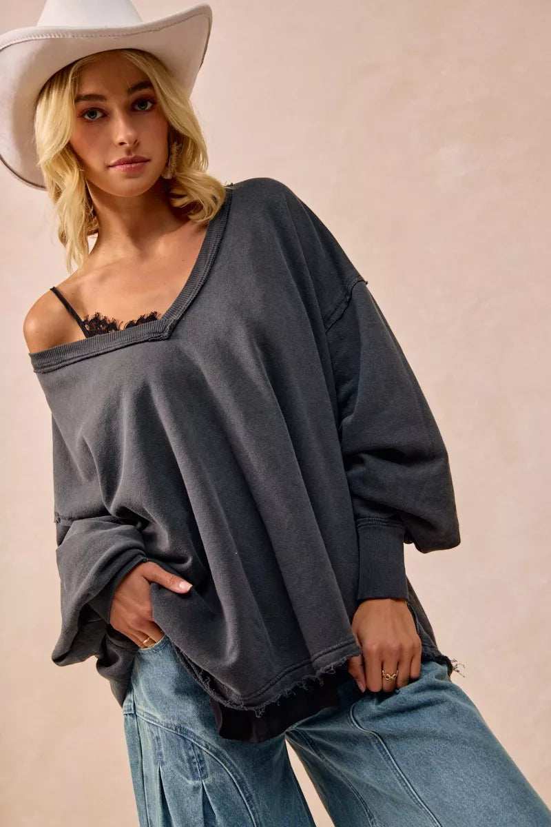 BiBi Mineral Washed French Terry Oversized Sweatshirt - Trendsi - Flyclothing LLC