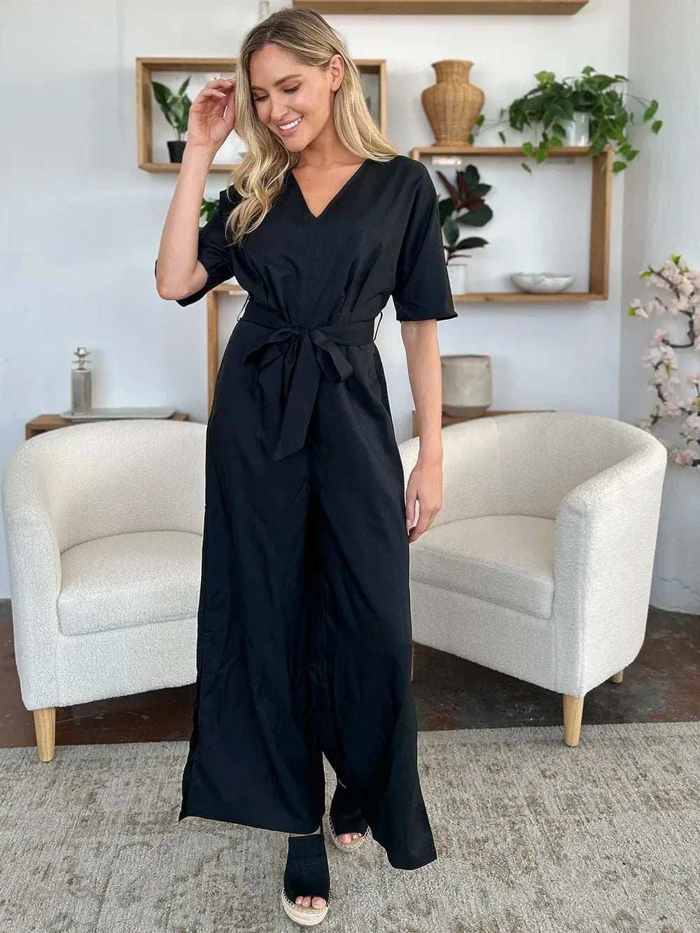 Double Take Full Size V-Neck Tied Side Slit Jumpsuit - Trendsi - Flyclothing LLC