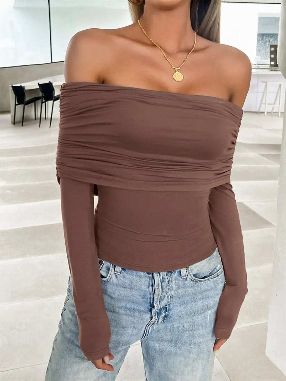 Ruched Off-Shoulder Long Sleeve T-Shirt - Trendsi - Flyclothing LLC