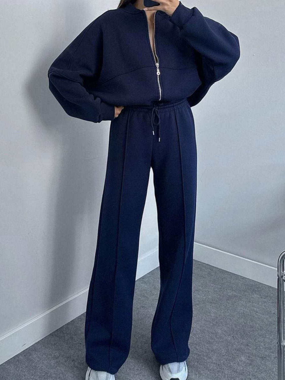 Baseball Collar Zip Up Top and Drawstring Paants Set - Trendsi - Flyclothing LLC