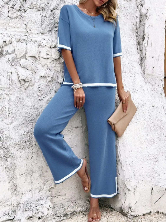 Contrast Trim Round Neck Top and Pants Set - Trendsi - Flyclothing LLC