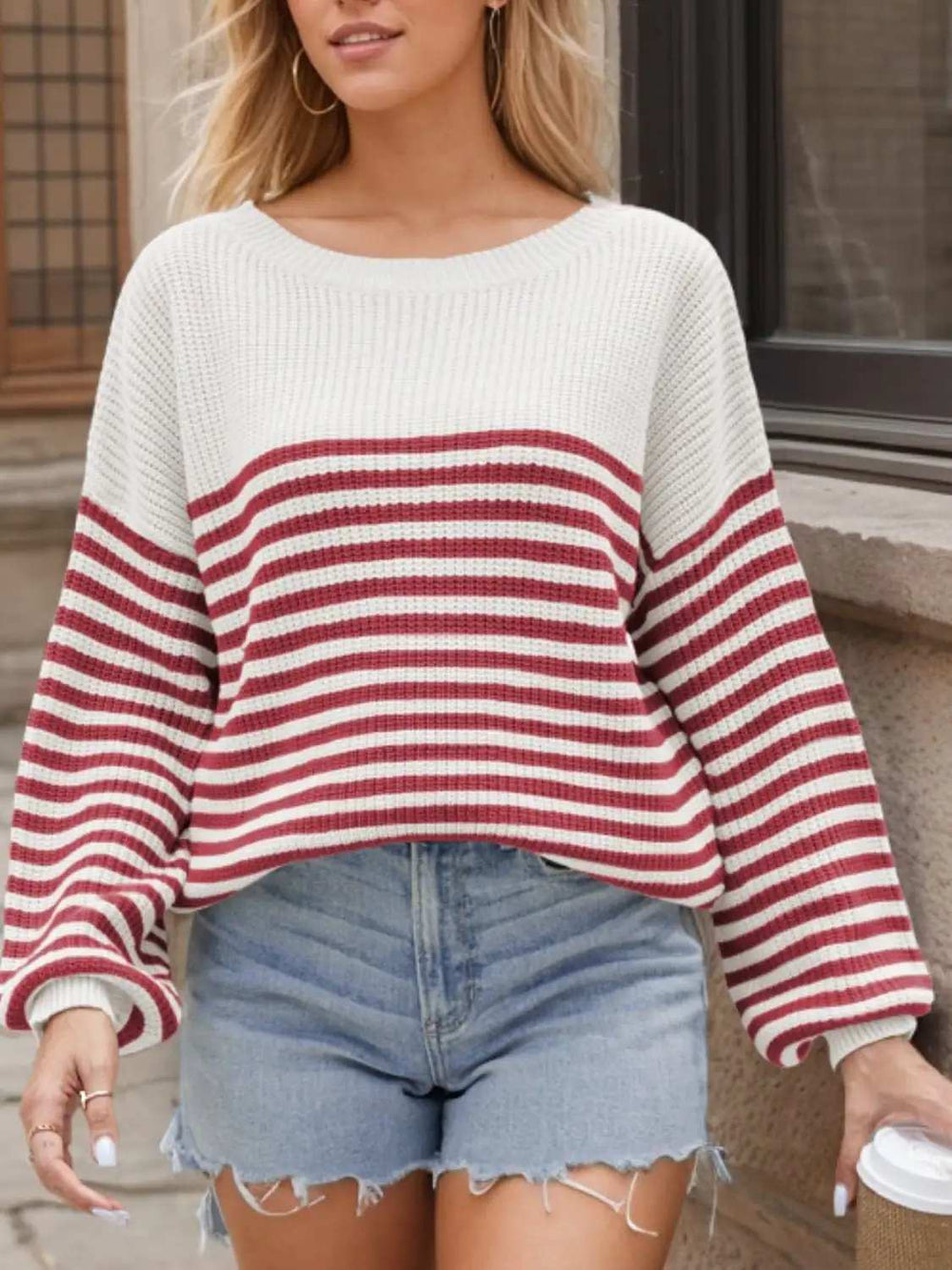 Striped Round Neck Long Sleeve Sweater - Trendsi - Flyclothing LLC