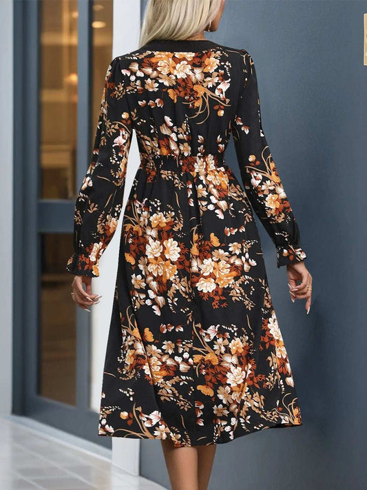Printed Notched Long Sleeve Midi Dress - Trendsi - Flyclothing LLC