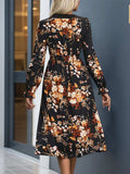 Printed Notched Long Sleeve Midi Dress - Trendsi - Flyclothing LLC