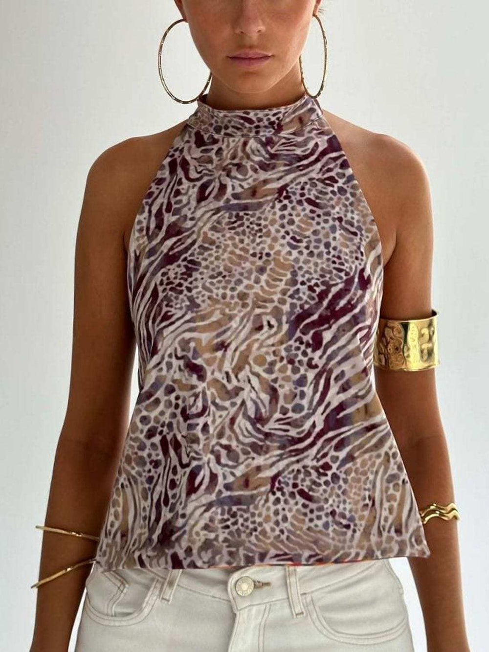 Backless Printed Halter Neck Tank - Trendsi - Flyclothing LLC