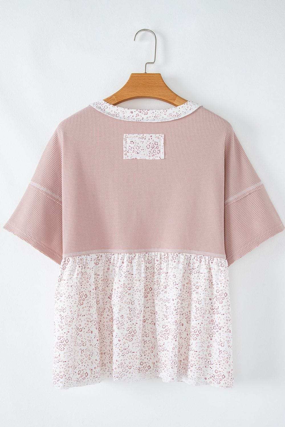 Waffle Floral Patchwork Exposed Seam Detail Short Sleeve Top - Trendsi - Flyclothing LLC