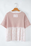 Waffle Floral Patchwork Exposed Seam Detail Short Sleeve Top - Trendsi - Flyclothing LLC