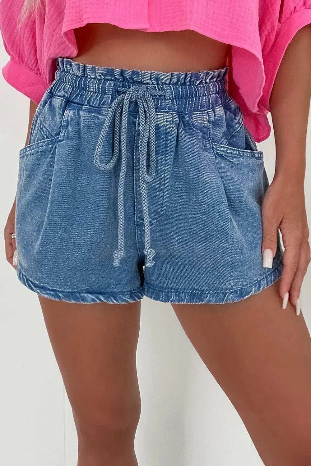 Drawstring High Waist Denim Shorts with Pockets - Trendsi - Flyclothing LLC