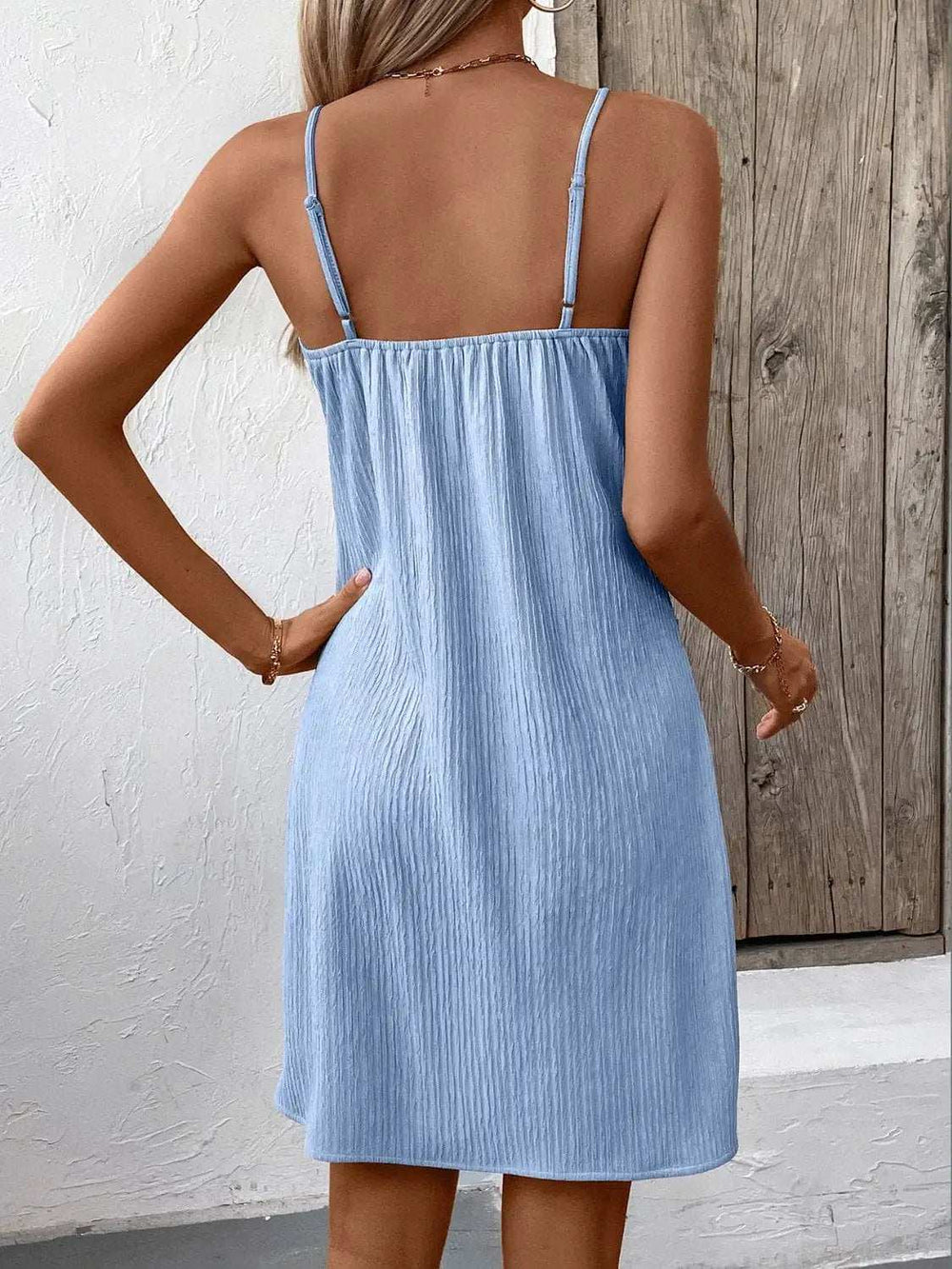 Textured V-Neck Sleeveless Mini Cami Dress - Trendsi - Flyclothing LLC