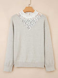 Button Keyhole Lace Patchwork Drop Shoulder Sweater - Trendsi - Flyclothing LLC
