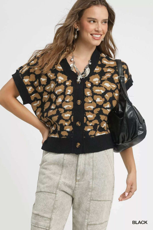 Umgee Leopard Button Down Short Sleeve Cardigan - Trendsi - Flyclothing LLC