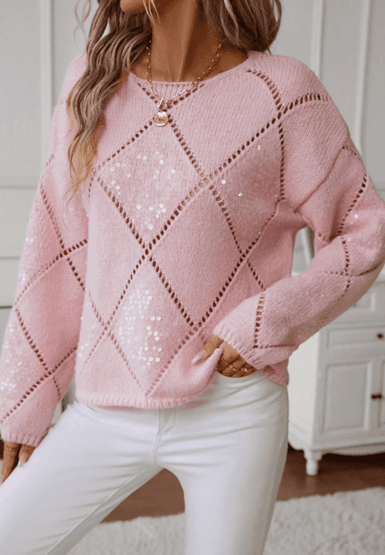 Openwork Sequin Round Neck Long Sleeve Sweater - Trendsi - Flyclothing LLC