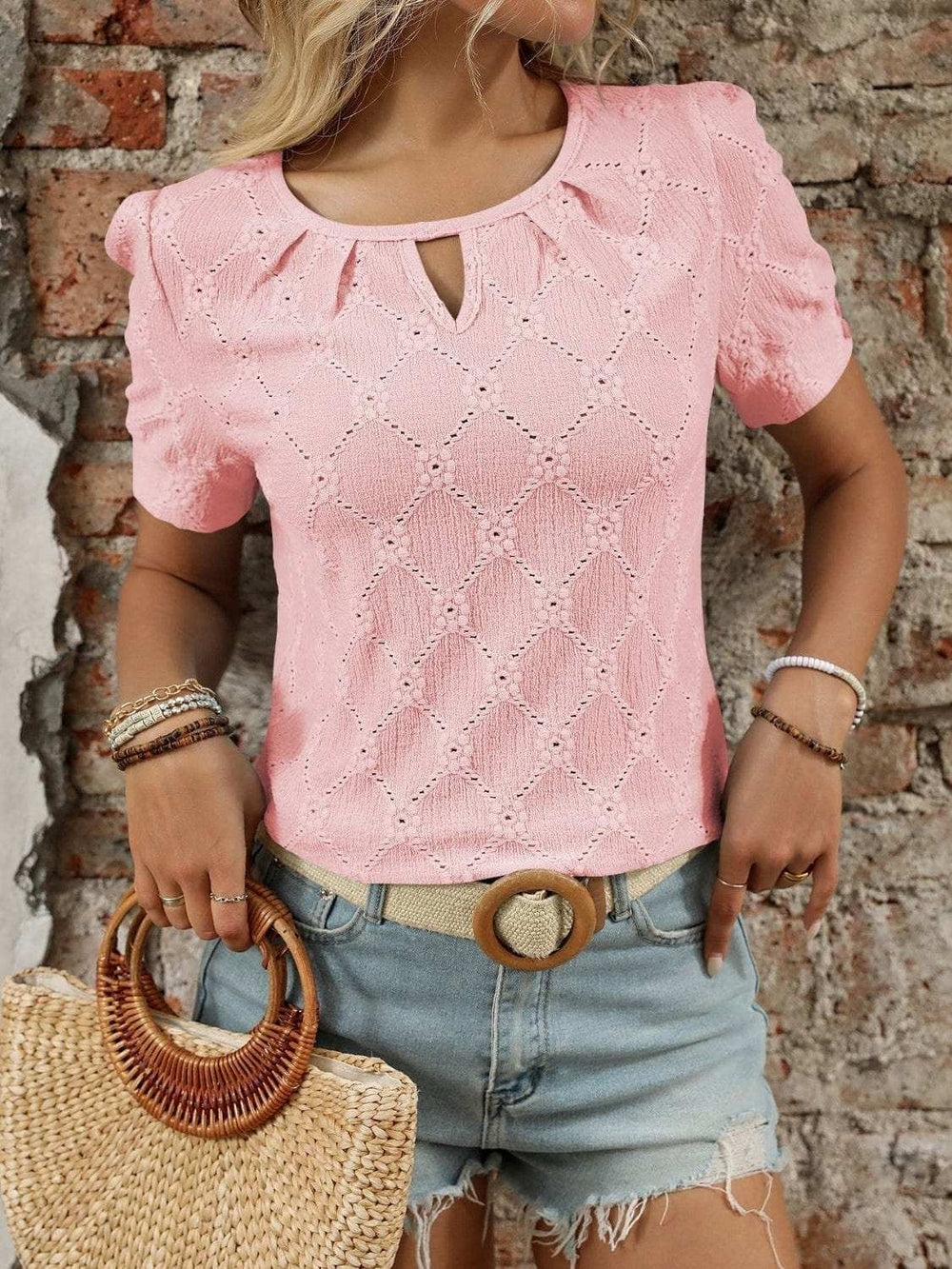 Eyelet Round Neck Short Sleeve Top - Trendsi - Flyclothing LLC