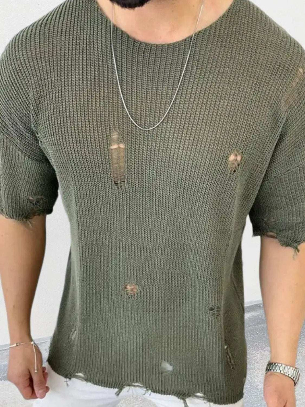 Men's Distressed Round Neck Knit Top - Trendsi - Flyclothing LLC