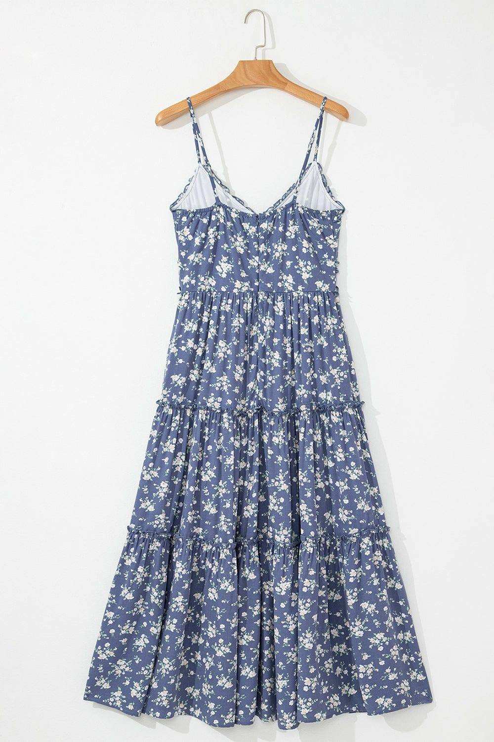 Floral Spaghetti Strap Frilled V Neck Tiered Midi Dress - Trendsi - Flyclothing LLC