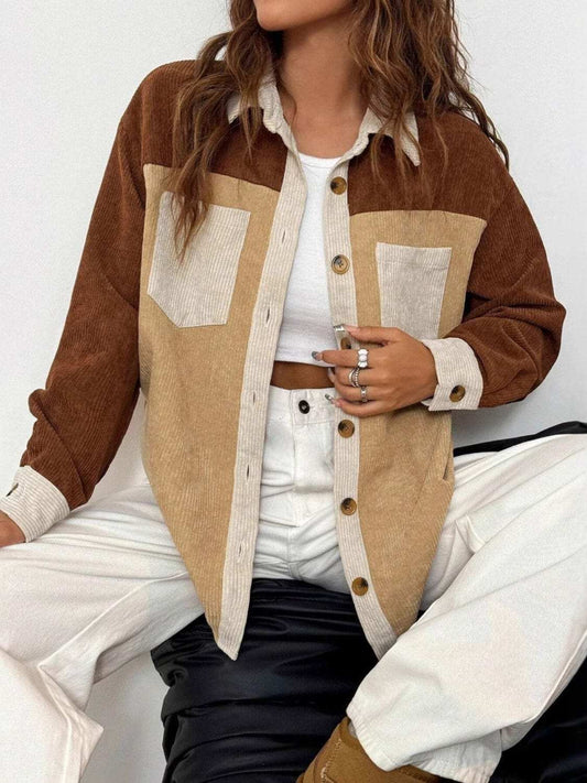 Color Block Collared Neck Long Sleeve Shirt - Trendsi - Flyclothing LLC