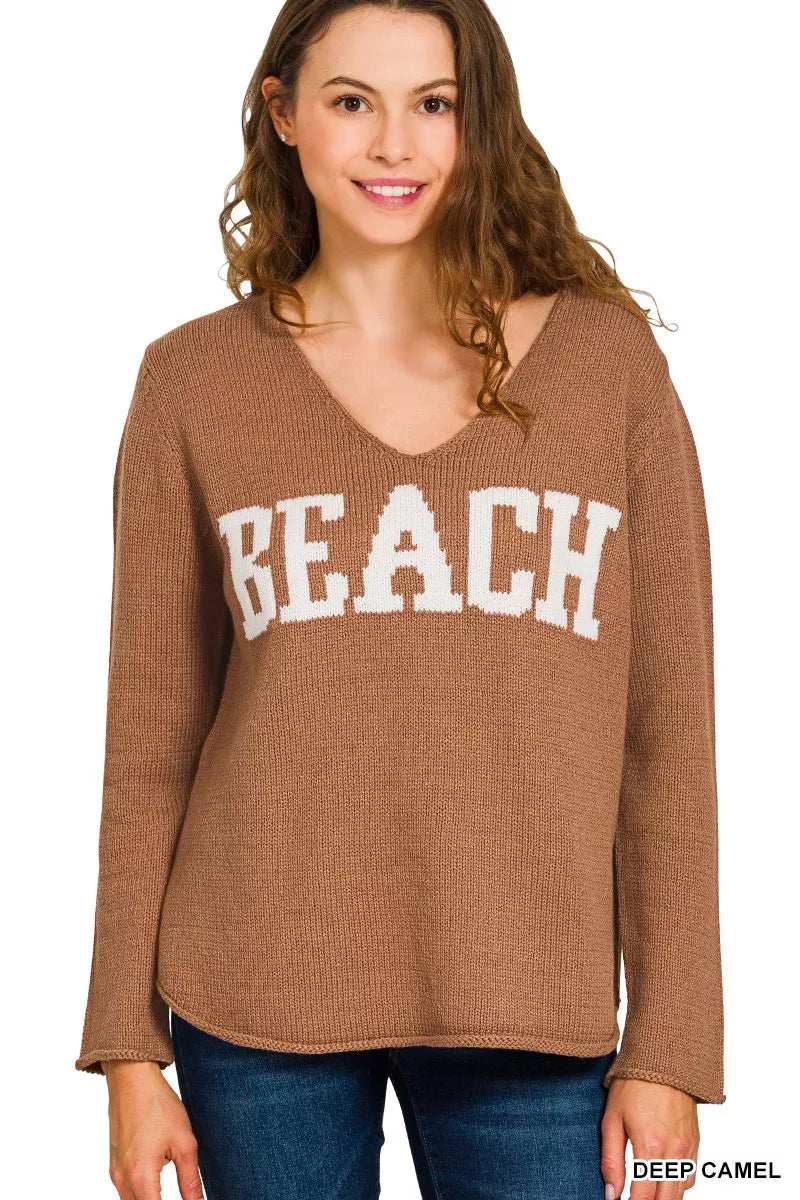 Zenana Beach V Neck Sweater - Trendsi - Flyclothing LLC