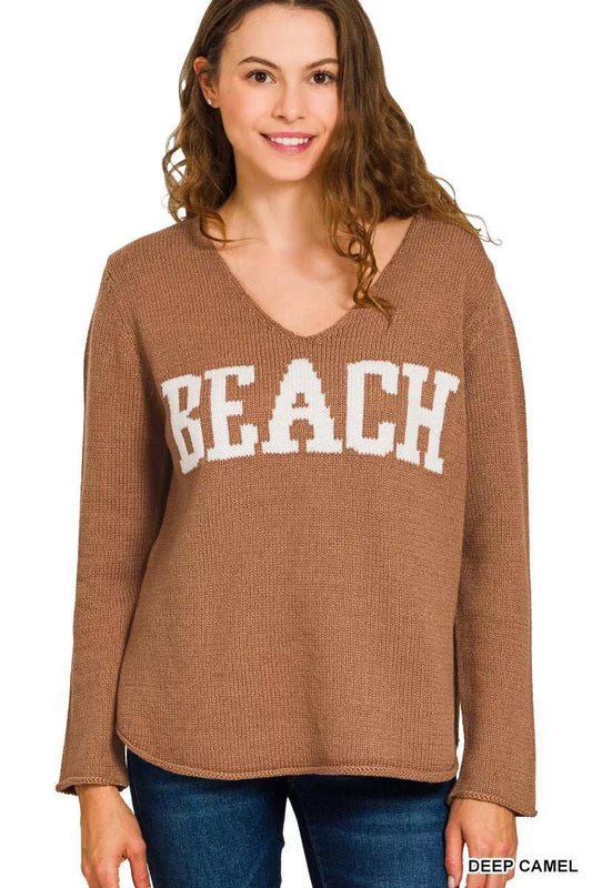 Zenana Beach V Neck Sweater - Trendsi - Flyclothing LLC