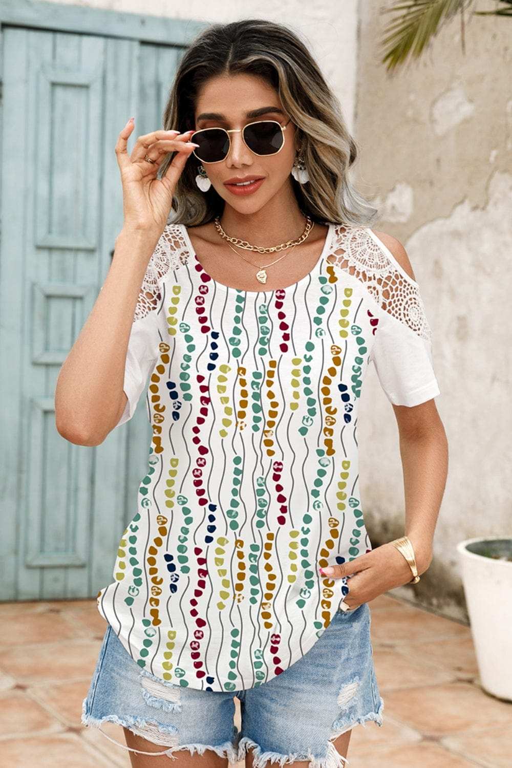 Lace Detail Round Neck Cold Shoulder Blouse - Trendsi - Flyclothing LLC