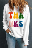 THANKS Round Neck Long Sleeve Sweatshirt - Trendsi - Flyclothing LLC