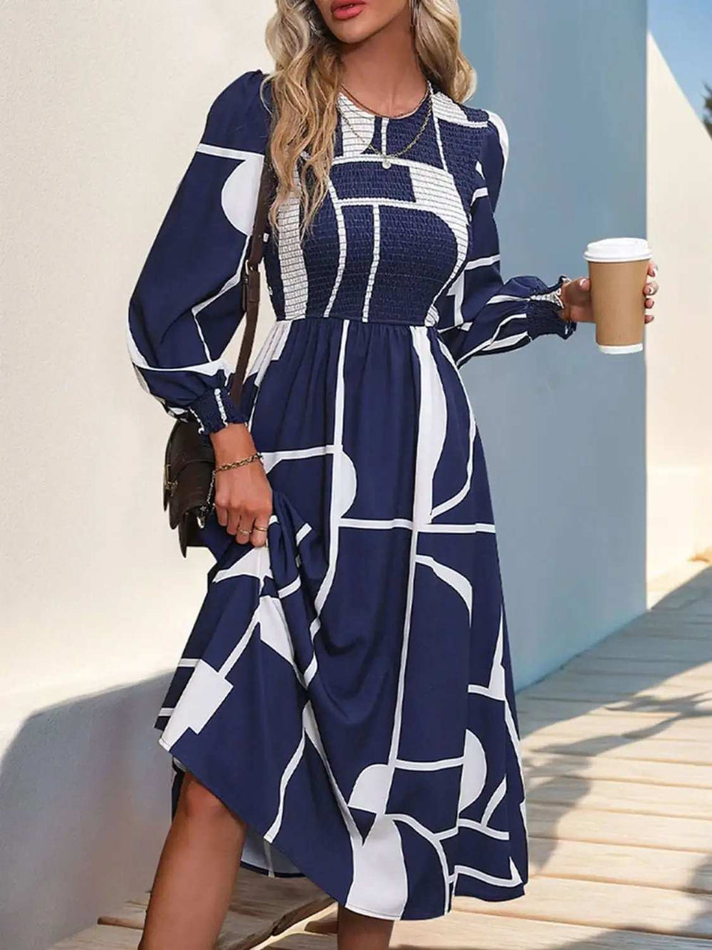 Smocked Color Block Long Sleeve Midi Dress - Trendsi - Flyclothing LLC