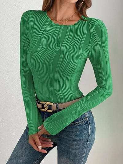 Textured Round Neck Long Sleeve Top - Trendsi - Flyclothing LLC