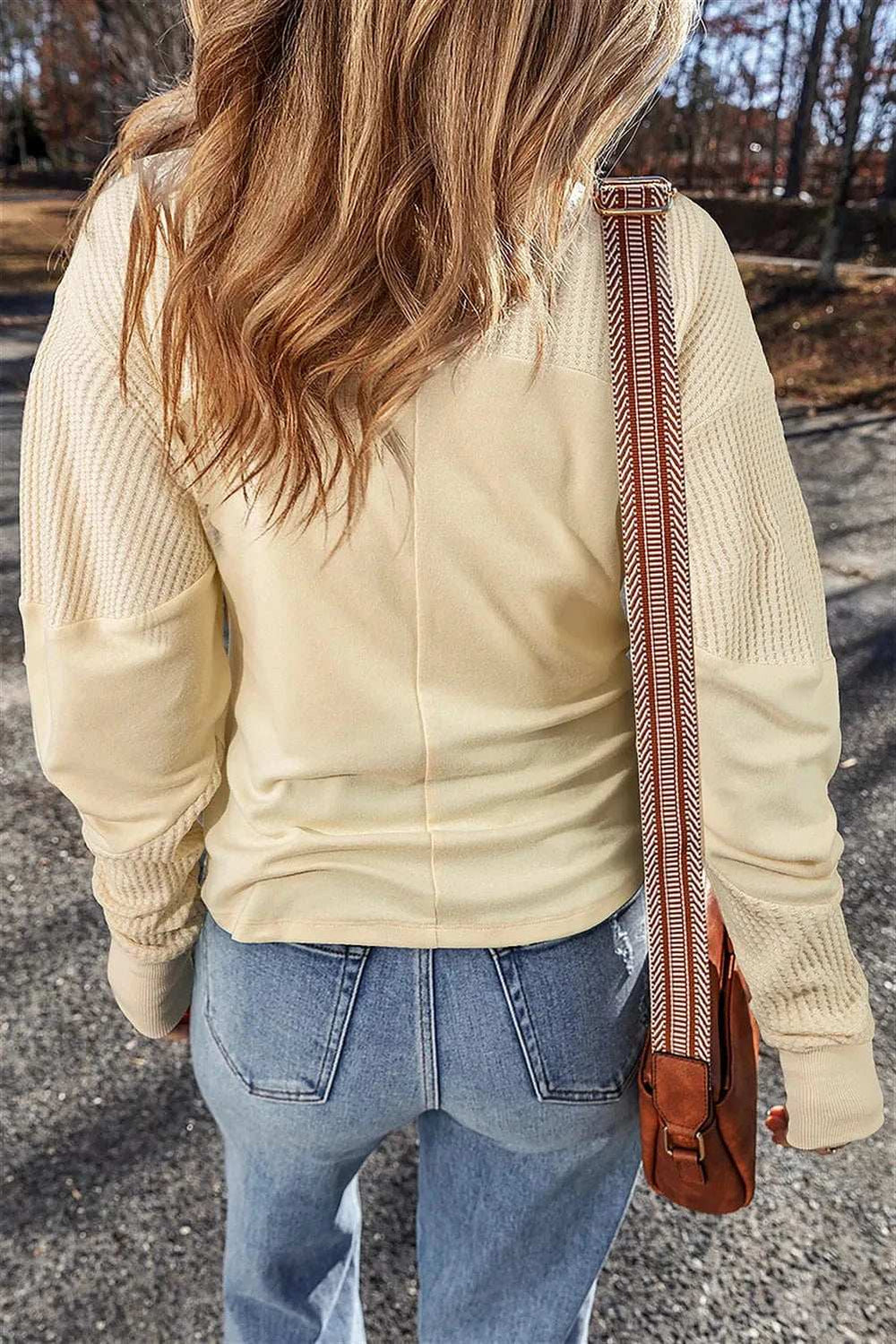 Waffle-Knit Round Neck Long Sleeve Top - Trendsi - Flyclothing LLC