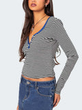Buttoned Striped Long Sleeve T-Shirt - Trendsi - Flyclothing LLC