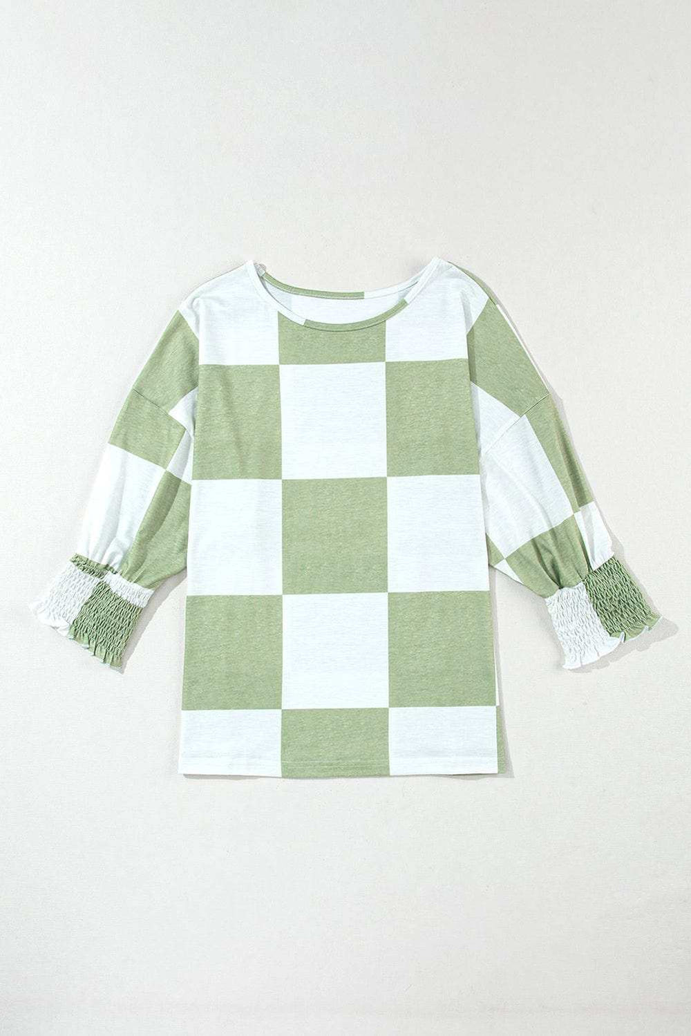 Checkered Round Neck Lantern Sleeve Top - Trendsi - Flyclothing LLC