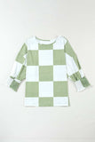 Checkered Round Neck Lantern Sleeve Top - Trendsi - Flyclothing LLC