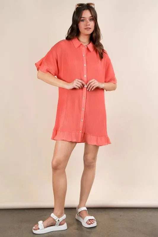 VERY J Pleated Detail Button Down Mini Dress - Trendsi - Flyclothing LLC