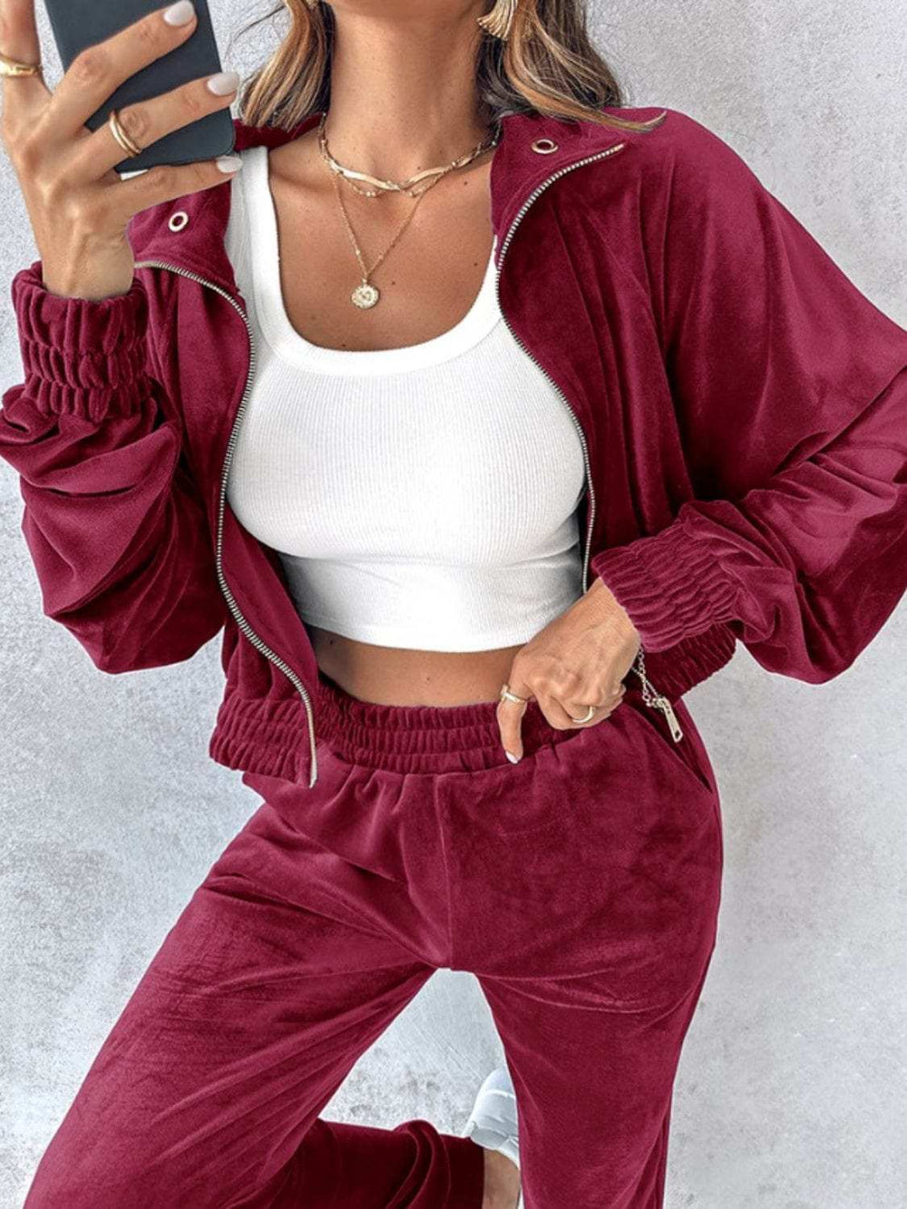 Zip Up Long Sleeve Cropped Top and Joggers Set - Trendsi - Flyclothing LLC