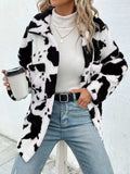 Cow Print Collared Neck Button Up Fuzzy Jacket - Trendsi - Flyclothing LLC