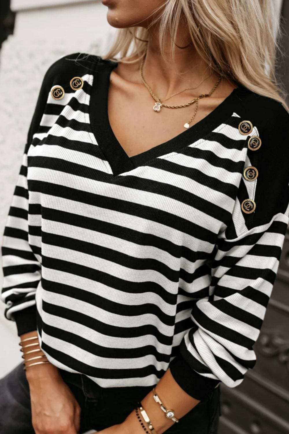 Striped Lace Detail V Neck Top - Trendsi - Flyclothing LLC